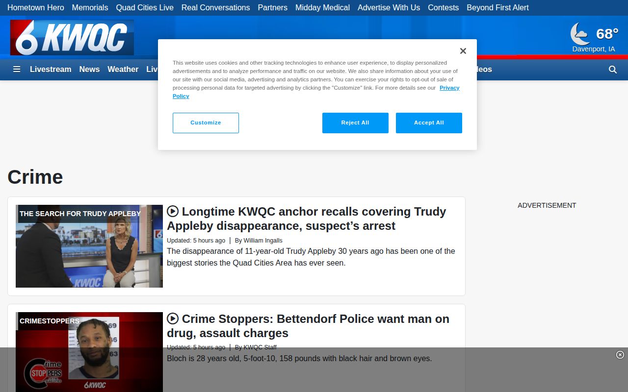 KWQC regional crime news page with Henderson County coverage