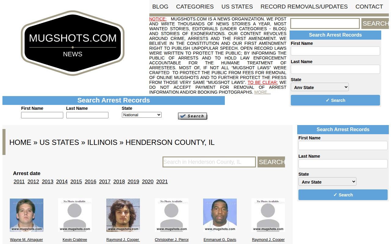 Unofficial Mugshots.com Henderson County Illinois index shown as a secondary source